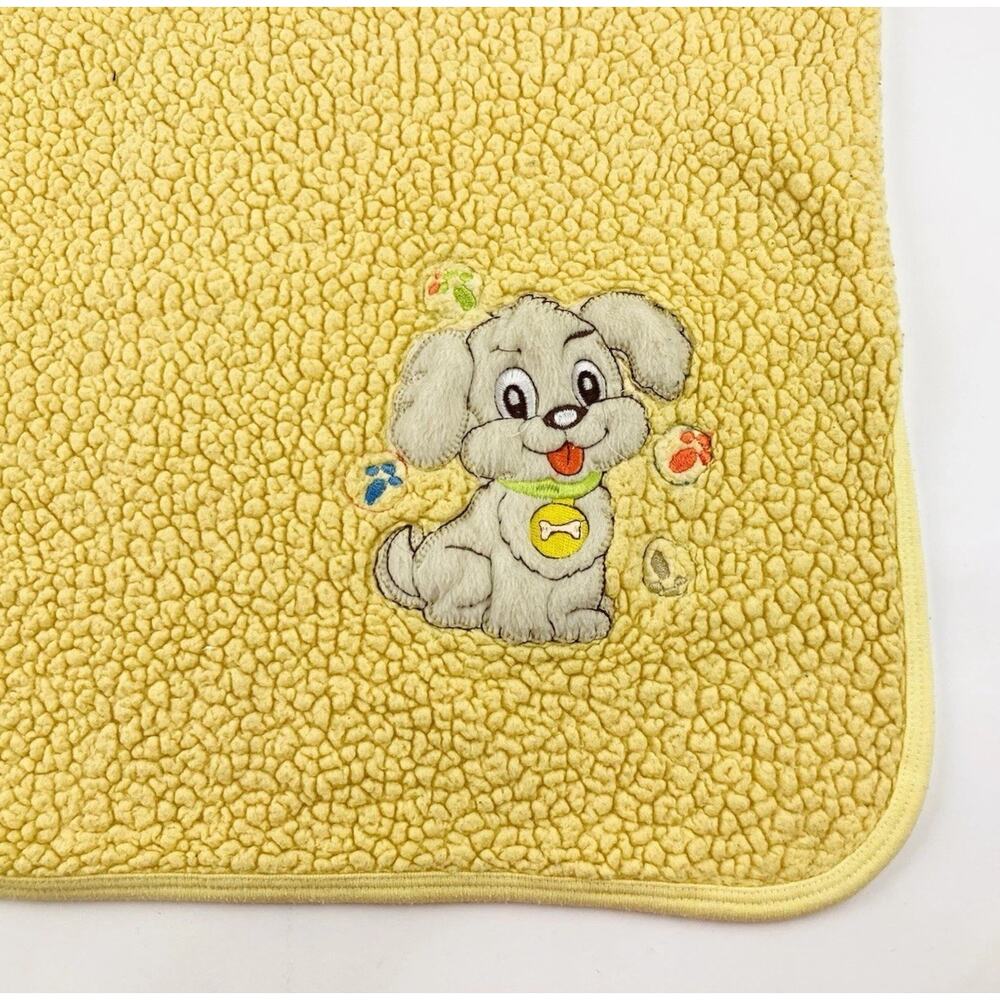 Vintage Yellow Baby Blanket Dog Sherpa Lovey Bones Tan Blonde Green Collar Tongu